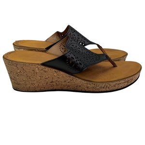 Clarks Wedge Sandals size 9 Black Perforated Thong Gold Trim